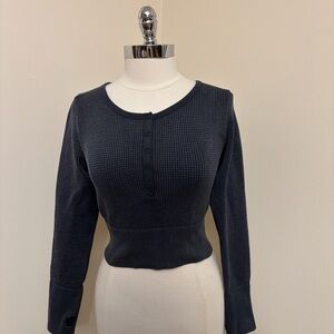 Aerie OFFLINE Gray Main Squeeze Waffle Knit Cropped Henley Top M-L